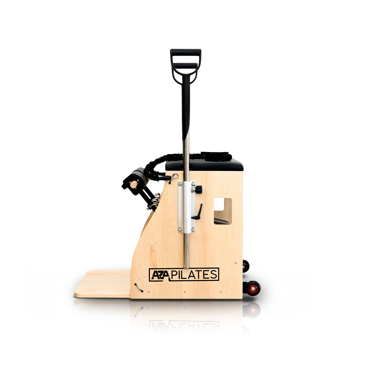 Combo Chair AzaPilates com estrutura em madeira e acabamentos em aço inoxidável