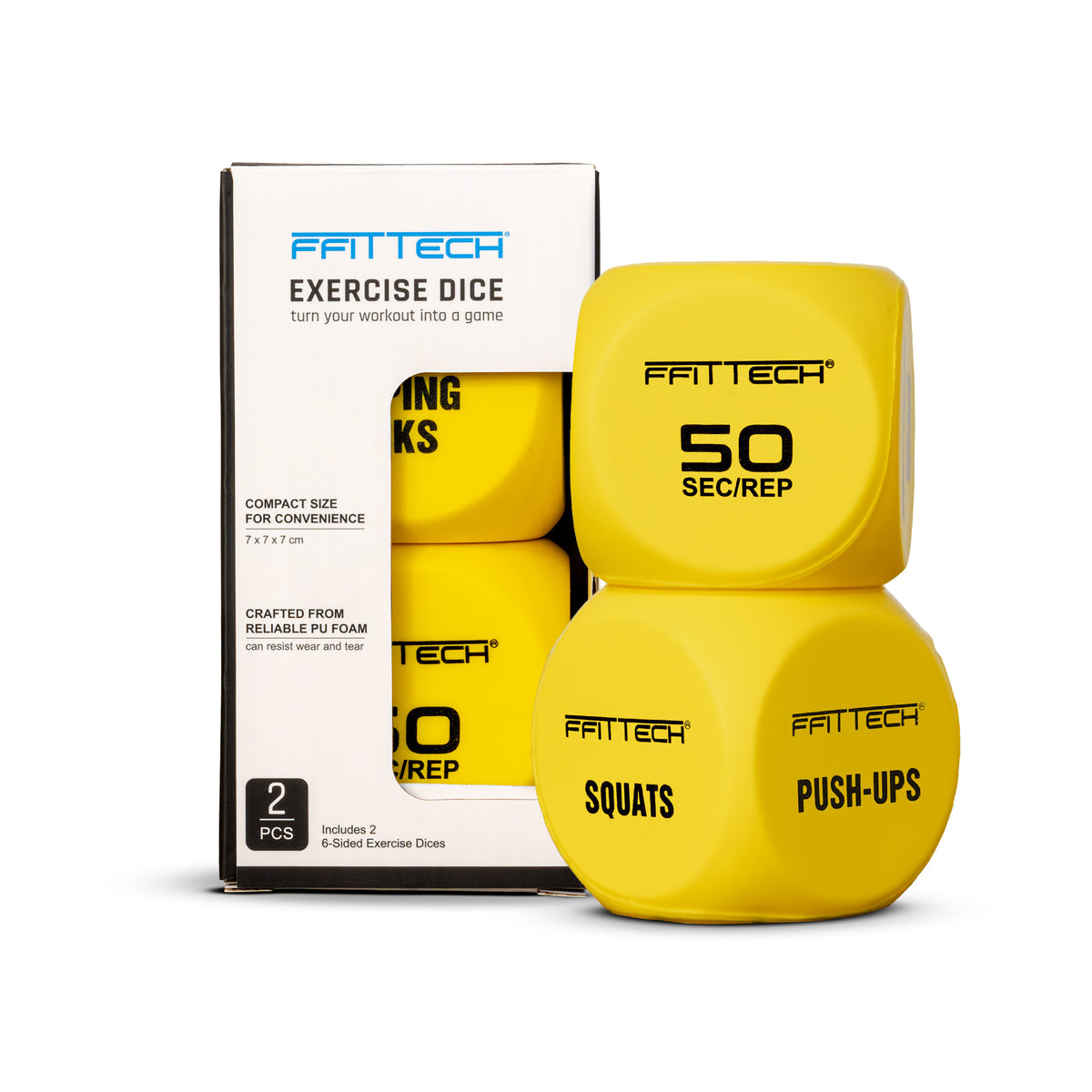Conjunto de dados de exercício FFITTECH com embalagem, mostrando agachamentos, flexões e a face de 50 SEC/REP.