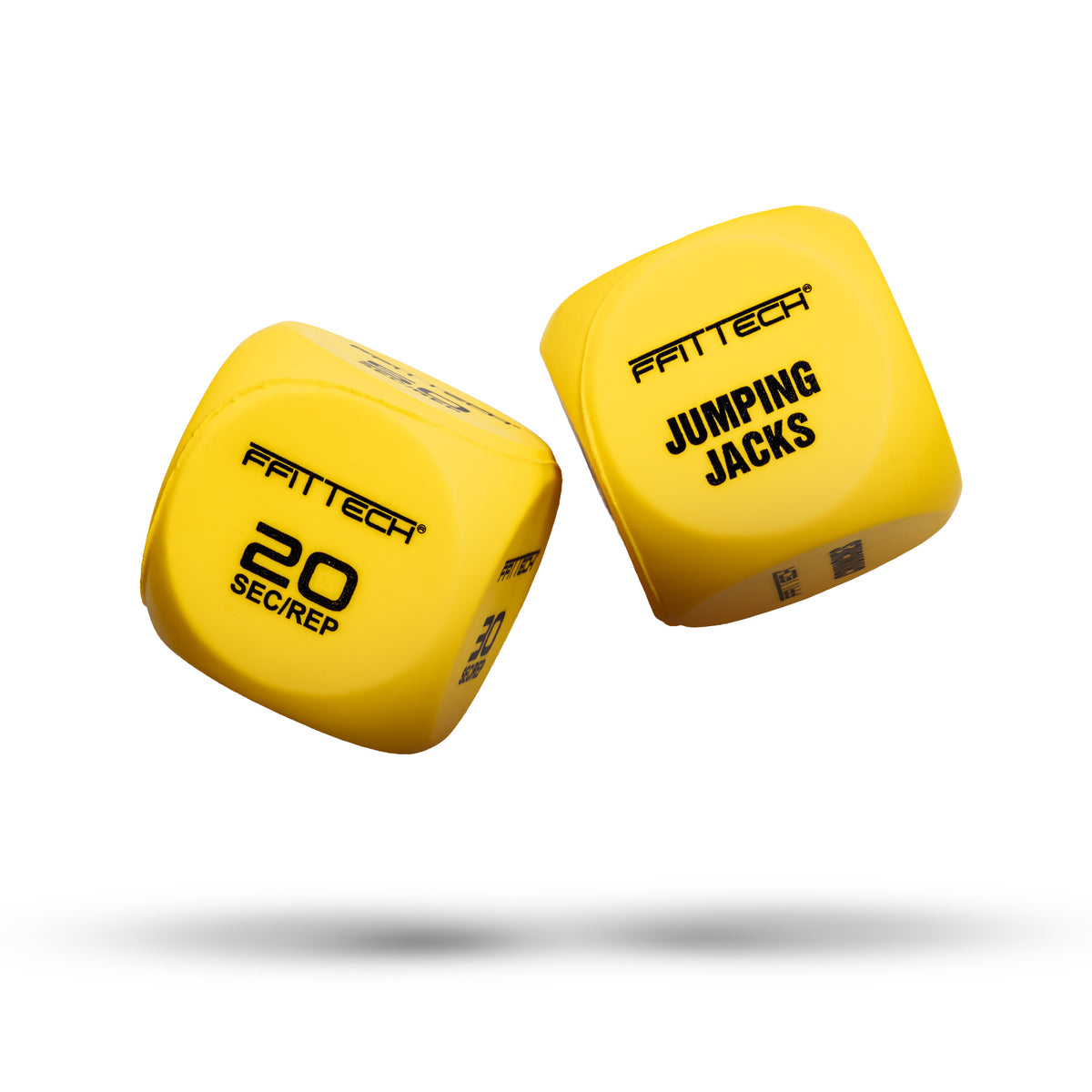 Dados amarelos de treino FFITTECH com jumping jacks num dado e 20 SEC/REP no outro.
