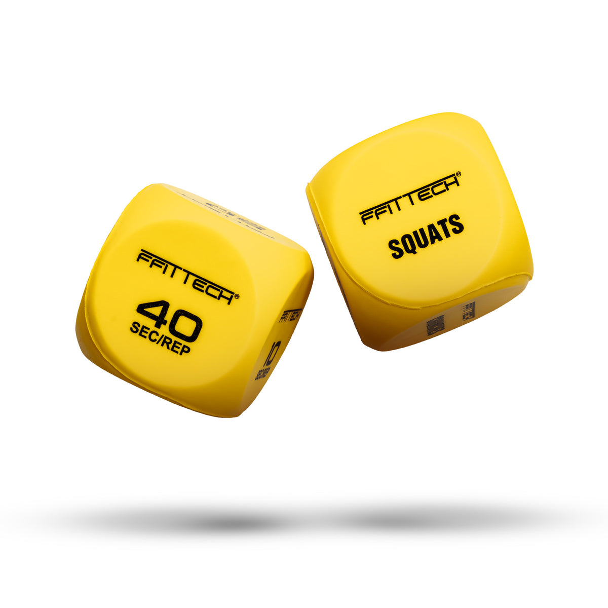 Dados de exercício amarelos com a combinação de agachamentos e 40 SEC/REP, da FFITTECH.