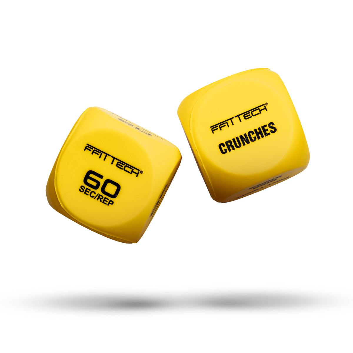 Dados amarelos FFITTECH com abdominais num dado e indicação de 60 SEC/REP no dado de tempo e repetições.