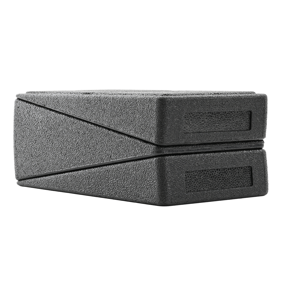 a black plastic box with a white background