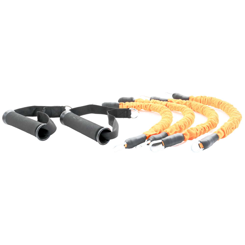 a group of orange and black elastic bands