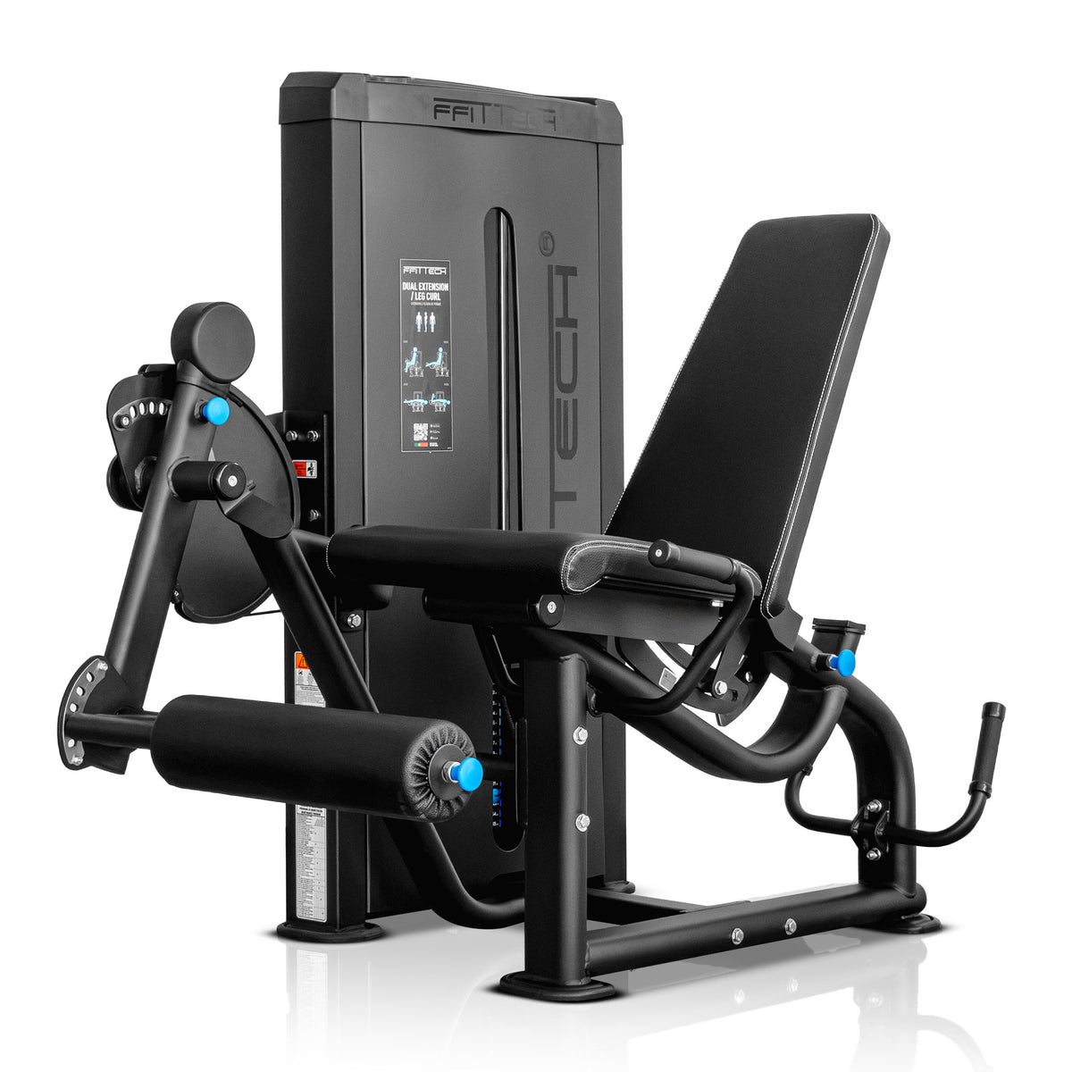 Máquina dual Leg Extension e Curl FFITTECH XP270 em perspetiva, com encosto elevado e rolo de apoio das pernas.