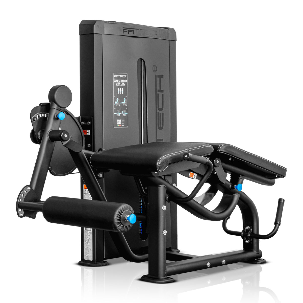 Máquina XP270 para extensão e flexão de pernas, com encosto rebatido e superfície estofada para posição deitada.