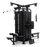 Multifunções FFITTECH FS87-4-COV de quatro estações com coberturas pretas, barra de puxada alta e corda de tríceps.