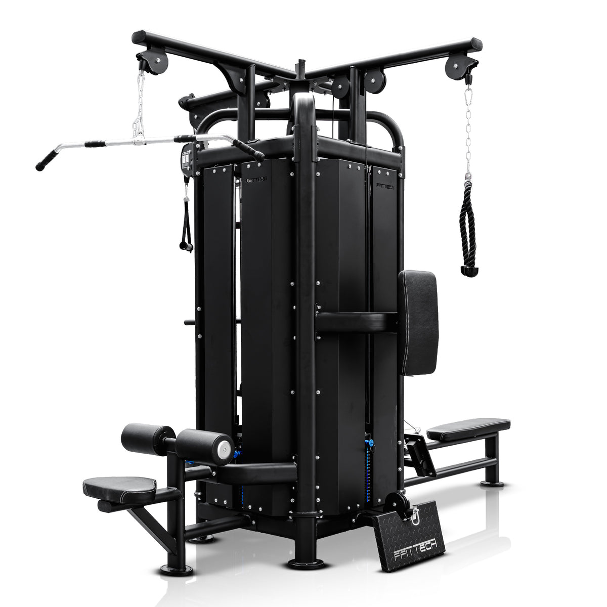 Multifunções FFITTECH FS87-4-COV de quatro estações com coberturas pretas, barra de puxada alta e corda de tríceps.
