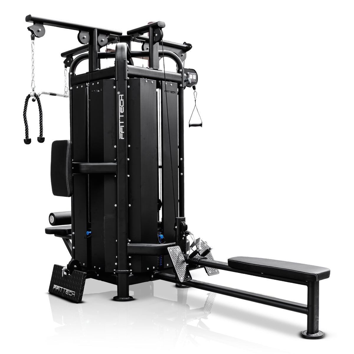 Multifunções FS87-4-COV em perspetiva, com banco de remada, apoios metálicos para os pés e coberturas das cargas.