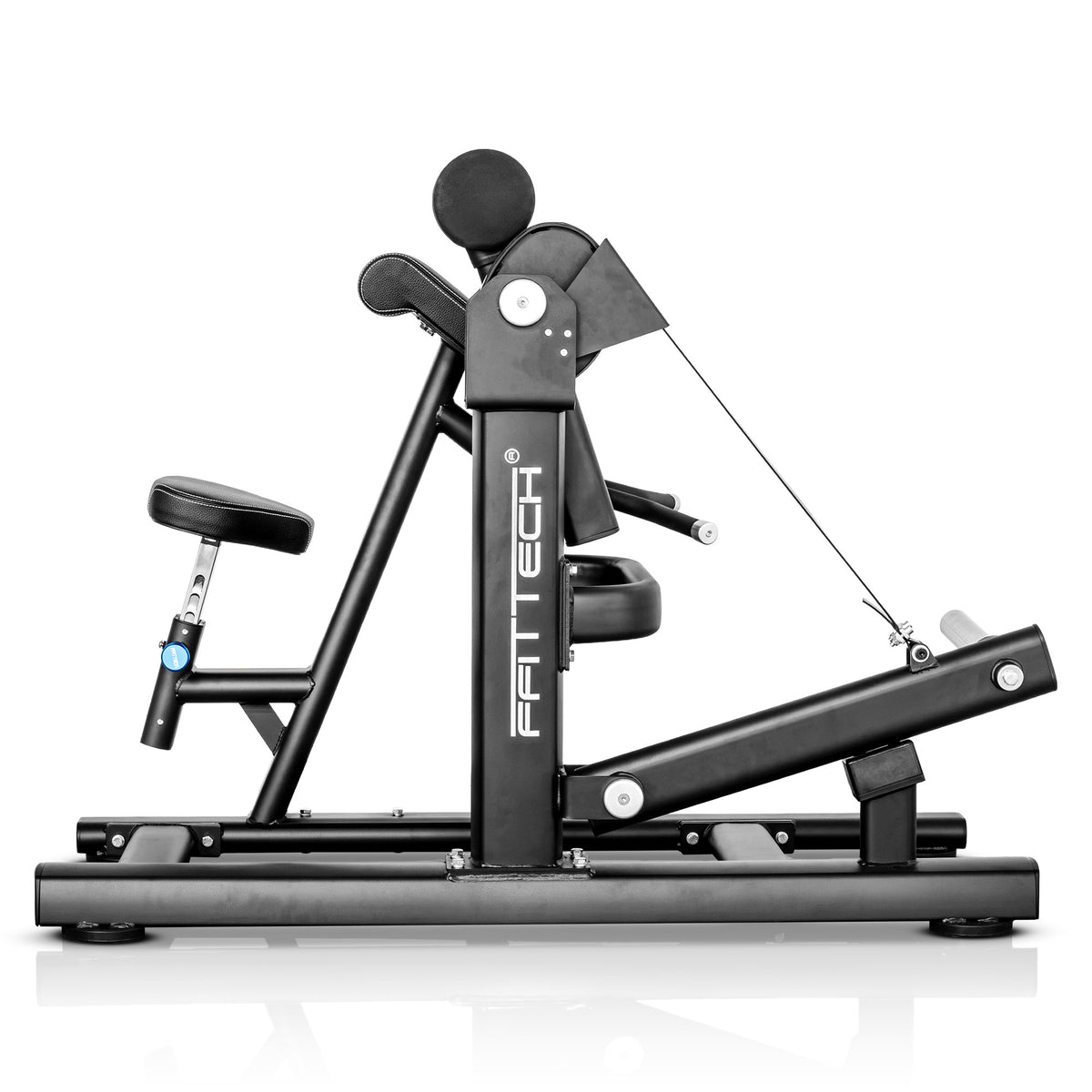 Perfil lateral da Biceps Curl FFITTECH PL922, mostrando a cinta de transmissão e o braço articulado de carga.