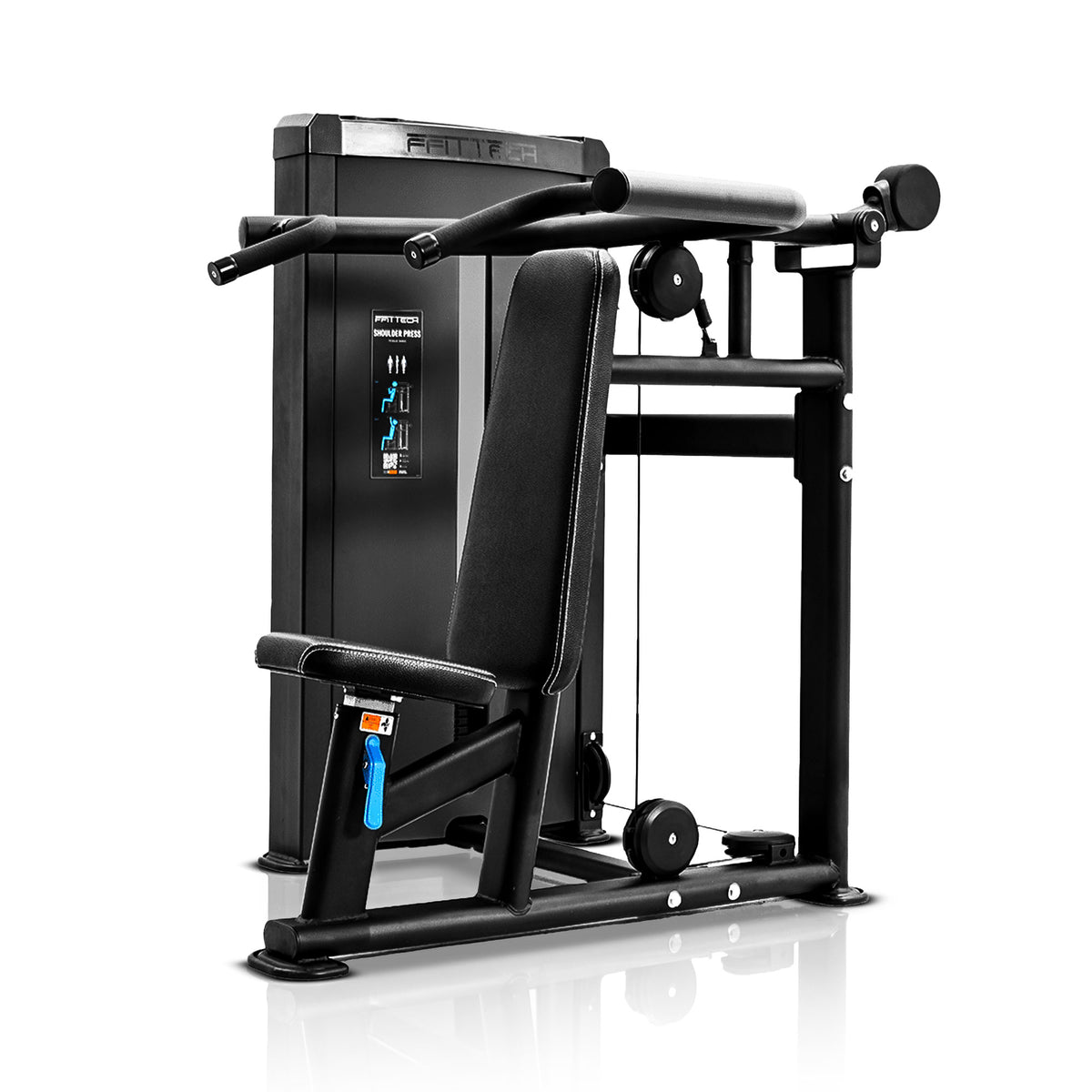 Máquina Shoulder Press FFITTECH XP211 em perspetiva, com encosto alto, assento regulável e pegas para press de ombros.
