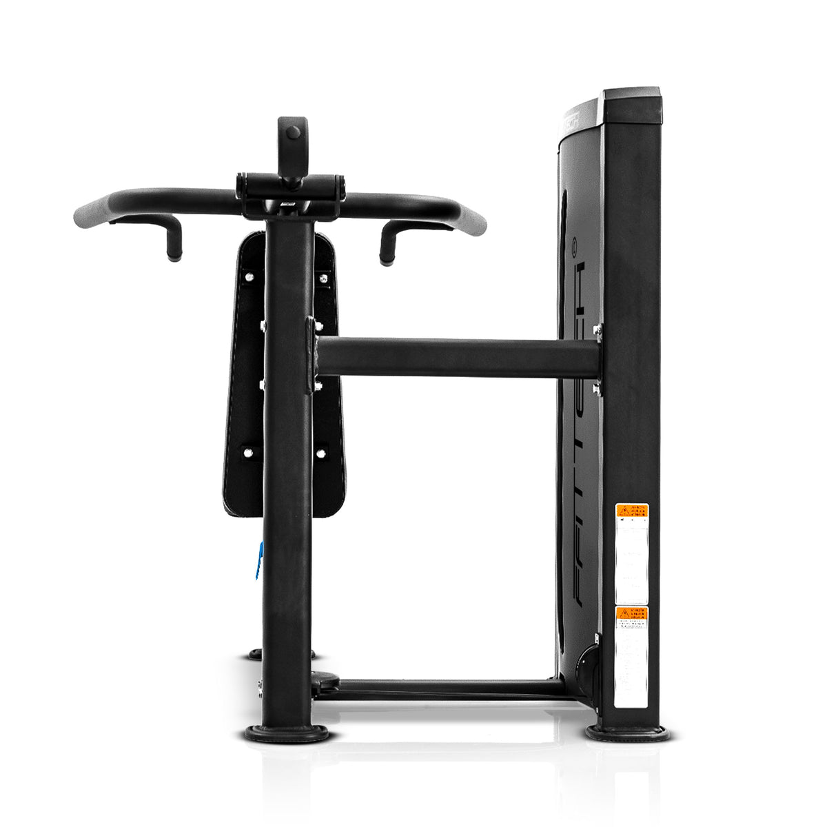 Shoulder Press XP211 vista por trás do encosto, com coluna de suporte e ligação à torre de cargas.