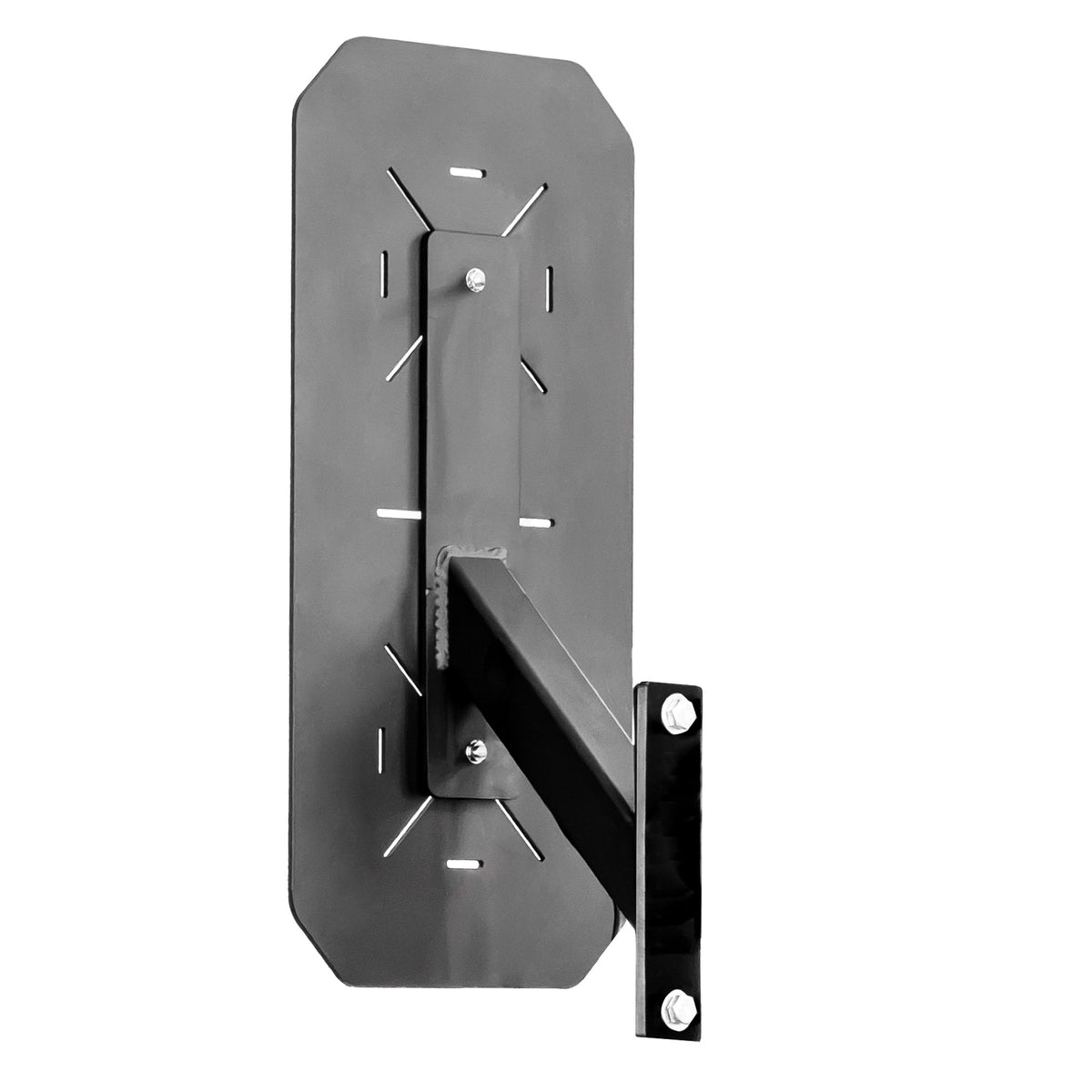 Alvo WALLCOUNT visto por trás em ângulo, destacando o braço de suporte e a ligação à placa de aço.