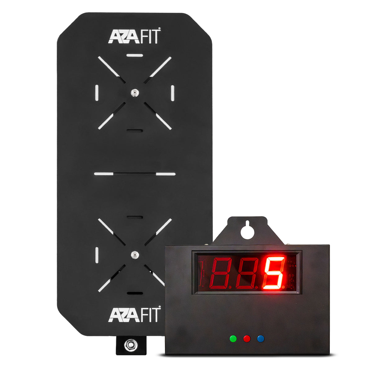 Alvo wall ball WALLCOUNT AZAFIT com duas zonas de lançamento e módulo de contador LED vermelho ao lado.